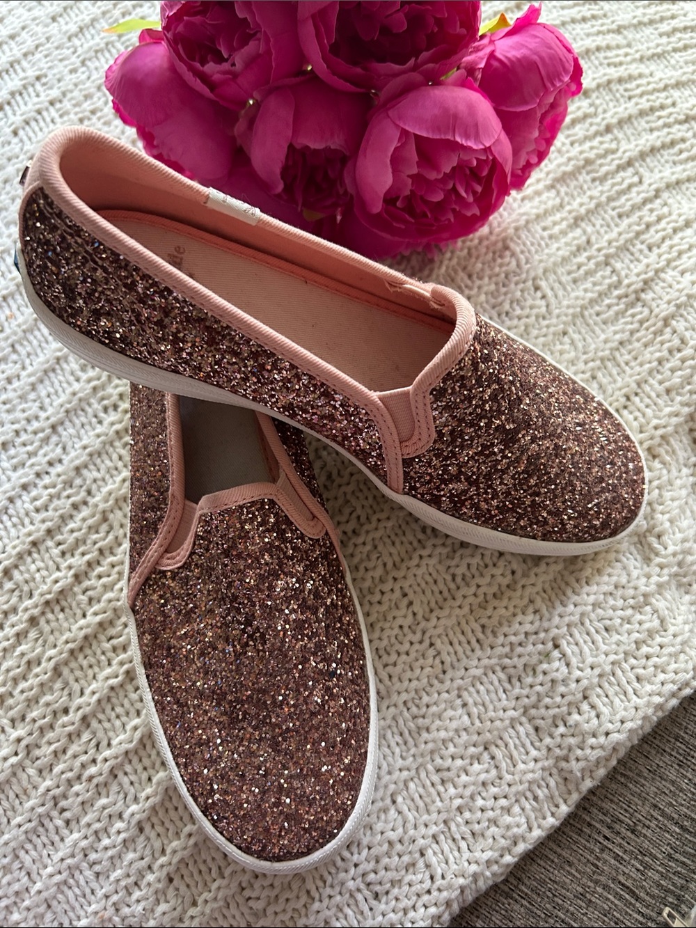 Sparkling Rose Gold Slip-On Flats with Pink Trim